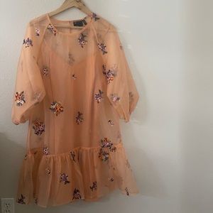 Embroidered floral peach mini puff dress